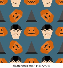 Halloween 2020. Vector seamless pattern with origami vampire face, witch hat, pumpkin. Design for party card, wrapping, fabric, print.