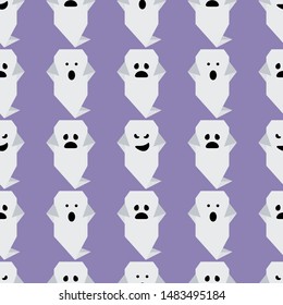 Halloween 2020. Vector seamless pattern with origami ghost characters. Design for party card, wrapping, fabric, print.
