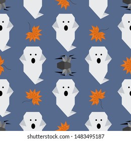 Halloween 2020. Vector seamless pattern with origami spider, ghost, maple leaf. Design for party card, wrapping, fabric, print.