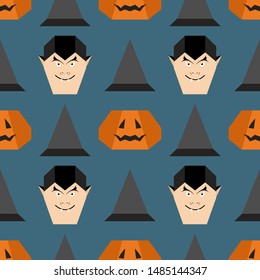 Halloween 2020. Vector seamless pattern with origami vampire face, witch hat, pumpkin. Design for party card, wrapping, fabric, print.