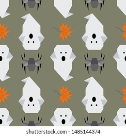 Halloween 2020. Vector seamless pattern with origami spider, ghost, maple leaf. Design for party card, wrapping, fabric, print.