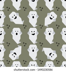 Halloween 2020. Vector seamless pattern with origami ghost characters. Design for party card, wrapping, fabric, print.