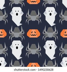 Halloween 2020. Vector seamless pattern with origami spider, ghost, pumpkin. Design for party card, wrapping, fabric, print.
