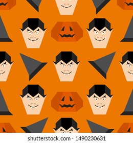 Halloween 2020. Vector seamless pattern with origami vampire face, witch hat, pumpkin. Design for party card, wrapping, fabric, print.
