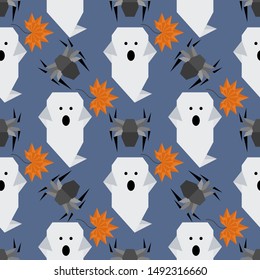 Halloween 2020. Vector seamless pattern with origami spider, ghost, maple leaf. Design for party card, wrapping, fabric, print.