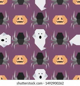 Halloween 2020. Vector seamless pattern with origami spider, ghost, pumpkin. Design for party card, wrapping, fabric, print.