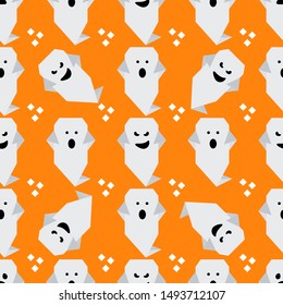 Halloween 2020. Vector seamless pattern with origami ghost characters. Design for party card, wrapping, fabric, print.