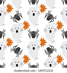 Halloween 2020. Vector seamless pattern with origami spider, ghost, maple leaf. Design for party card, wrapping, fabric, print.