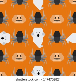 Halloween 2020. Vector seamless pattern with origami spider, ghost, pumpkin. Design for party card, wrapping, fabric, print.