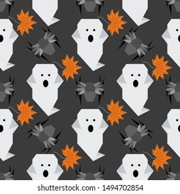 Halloween 2020. Vector seamless pattern with origami spider, ghost, maple leaf. Design for party card, wrapping, fabric, print.