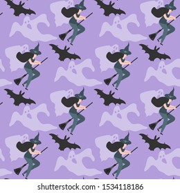 Halloween 2020 vector seamless pattern with witch in hat on broomstick, ghosts. Festive background. Design for party card, wrapping, fabric, print