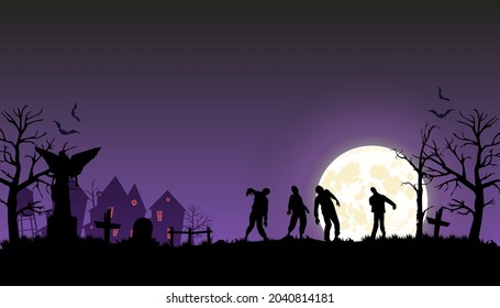 Halloween 2021 background. Full moon in the dark night with zombie. Abandoned cemetery. Vector illustration.