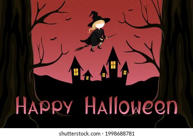 Halloween 2021 card. Witch in medical mask. Vector illustration.