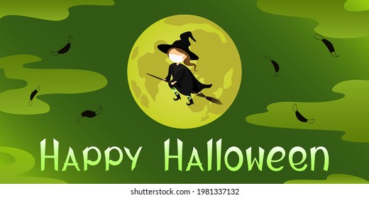 Halloween 2021 card. Witch in protective mask flying on broomstick. Cartoon style. Vector illustration.