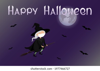 Halloween 2021 poster. Witch in medical mask and bats. Vector illustration.