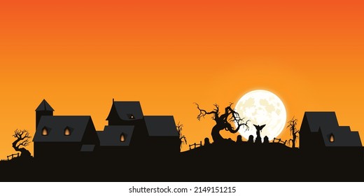 Halloween 2022. City panorama in halloween style. Scary halloween isolated background. Orange and yellow background. Vector illustration.