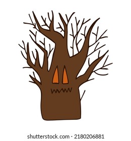 Halloween 2022 - October 31. A traditional holiday, the eve of All Saints Day, All Hallows Eve. Trick or treat. Vector illustration in hand-drawn doodle style. A scary creepy tree.