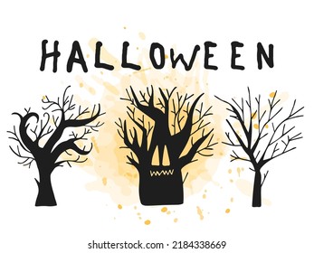 Halloween 2022 - October 31. A traditional holiday. Trick or treat. Vector illustration in hand-drawn doodle style. Set of silhouettes of scary trees with an orange watercolor spot.