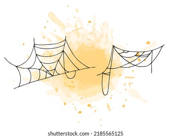 Halloween 2022 - October 31. A traditional holiday. Trick or treat. Vector illustration in hand-drawn doodle style. Set of silhouettes of spiderwebs with an orange watercolor spot.
