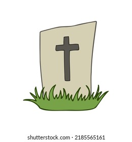 Halloween 2022 - October 31. A traditional holiday, the eve of All Saints Day, All Hallows Eve. Trick or treat. Vector illustration in hand-drawn doodle style. The grave of a dead man.