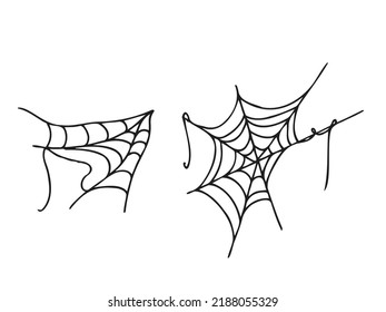 Halloween 2022 - October 31. A traditional holiday. Trick or treat. Vector illustration in hand-drawn doodle style. Set of silhouettes of spiderwebs.
