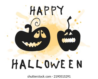 Halloween 2022 - October 31. A traditional holiday. Trick or treat. Vector illustration in hand-drawn doodle style. Set of silhouettes of pumpkins with carved faces with an orange watercolor spot.