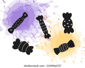 Halloween 2022 - October 31. A traditional holiday. Trick or treat. Vector illustration in hand-drawn doodle style. Set of caramel and candy silhouettes with an orange and purple watercolor spot.