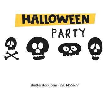Halloween 2022 - October 31. A traditional holiday. Trick or treat. Vector illustration in hand-drawn doodle style. Set of silhouettes of human skulls.