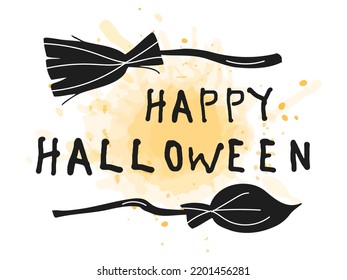 Halloween 2022 - October 31. A traditional holiday. Trick or treat. Vector illustration in hand-drawn doodle style. Set of silhouettes of a witch s broom with an orange watercolor spot.