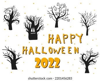 Halloween 2022 - October 31. A traditional holiday. Trick or treat. Vector illustration in hand-drawn doodle style. Set of silhouettes of scary trees.