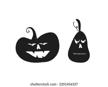 Halloween 2022 - October 31. A traditional holiday. Trick or treat. Vector illustration in hand-drawn doodle style. Set of silhouettes of pumpkins with carved faces.