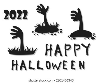 Halloween 2022    October 31  A traditional holiday  Trick treat  Vector illustration in hand  drawn doodle style  Set silhouettes dead man s hands 