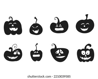 Halloween 2022 - October 31. A traditional holiday. Trick or treat. Vector illustration in hand-drawn doodle style. Set of silhouettes of pumpkins with carved faces.