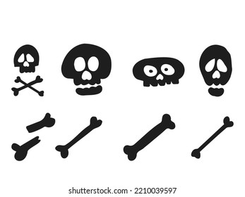 Halloween 2022 - October 31. A traditional holiday. Trick or treat. Vector illustration in hand-drawn doodle style. Set of silhouettes of human skulls with bones.