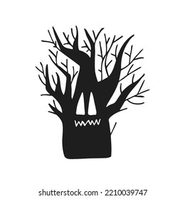 Halloween 2022 - October 31. A traditional holiday, the eve of All Saints Day, All Hallows Eve. Trick or treat. Vector illustration in hand-drawn doodle style. A scary creepy tree.