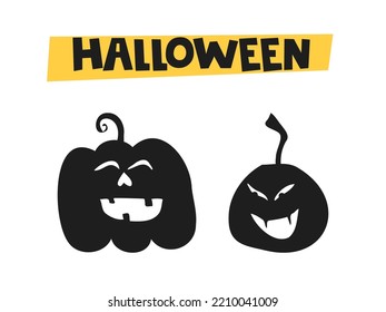 Halloween 2022 - October 31. A traditional holiday. Trick or treat. Vector illustration in hand-drawn doodle style. Set of silhouettes of pumpkins with carved faces.