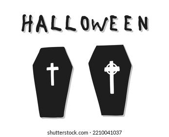 Halloween 2022 - October 31. A traditional holiday. Trick or treat. Vector illustration in hand-drawn doodle style. Set of silhouettes of graves with crosses.