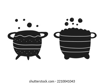 Halloween 2022 - October 31. A traditional holiday. Trick or treat. Vector illustration in hand-drawn doodle style. Set of silhouettes of witch cauldrons.