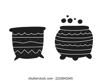 Halloween 2022 - October 31. A traditional holiday. Trick or treat. Vector illustration in hand-drawn doodle style. Set of silhouettes of witch cauldrons.