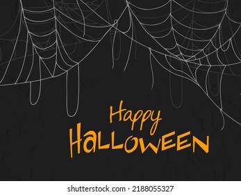 Halloween 2022 - October 31. Trick or treat. Vector hand-drawn doodle style. A postcard with orange lettering and white webs on a dark gray background.