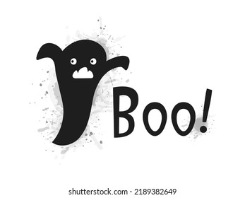 Halloween 2022 - October 31. Trick or treat. Vector hand-drawn doodle style. A cute ghost on a background of gray watercolor splashes with lettering. Boo.
