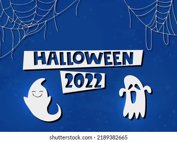 Halloween 2022 - October 31. Trick or treat. Vector hand-drawn doodle style. Cute ghosts with lettering and cobwebs on a blue background with watercolor splashes.