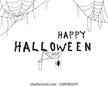Halloween 2022 - October 31. Trick or treat. Vector hand-drawn doodle style. A postcard with a web, spider and lettering.