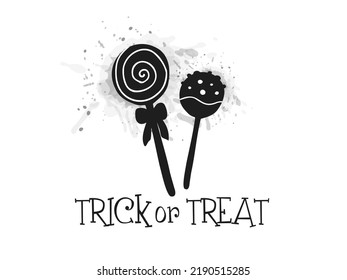 Halloween 2022 - October 31. Trick or treat. Vector hand-drawn doodle style. Lollipops on a stick against a background of gray watercolor splashes with lettering.