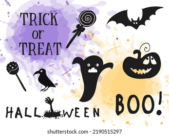 Halloween 2022 - October 31. Trick or treat. Vector hand-drawn doodle style. Lettering with silhouettes on a background of purple and orange watercolor spots.