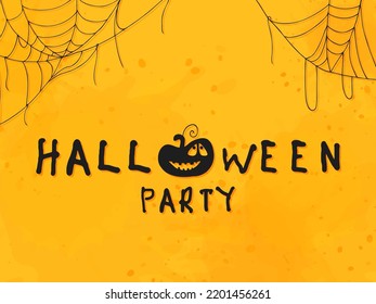 Halloween 2022 - October 31. Trick or treat. Vector hand-drawn doodle style. Lettering postcard with pumpkin and spider web on an orange background with watercolor spots.