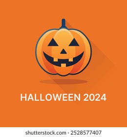 Halloween 2024 deseja o fundo laranja de design mínimo, abóbora sorridente