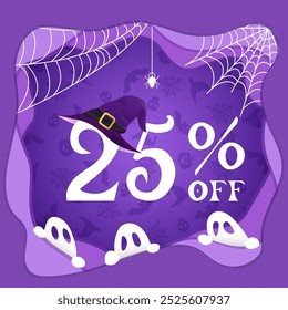 Halloween 25% oferta, chapéu de bruxa vinte e cinco por cento, elementos de Halloween no fundo roxo, fantasmas, teias, aranhas, estilo de corte de papel