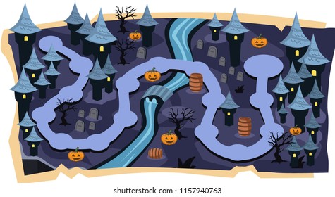 Halloween 2D Games Maps with Path of stage levels and Purple Land Castle, Graveyard, River, Pumpkins with scary tree for Cartoon Vector Illustration