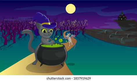 Halloween 3 Cauldron and witch-cat. Cemetery. Flying mouse